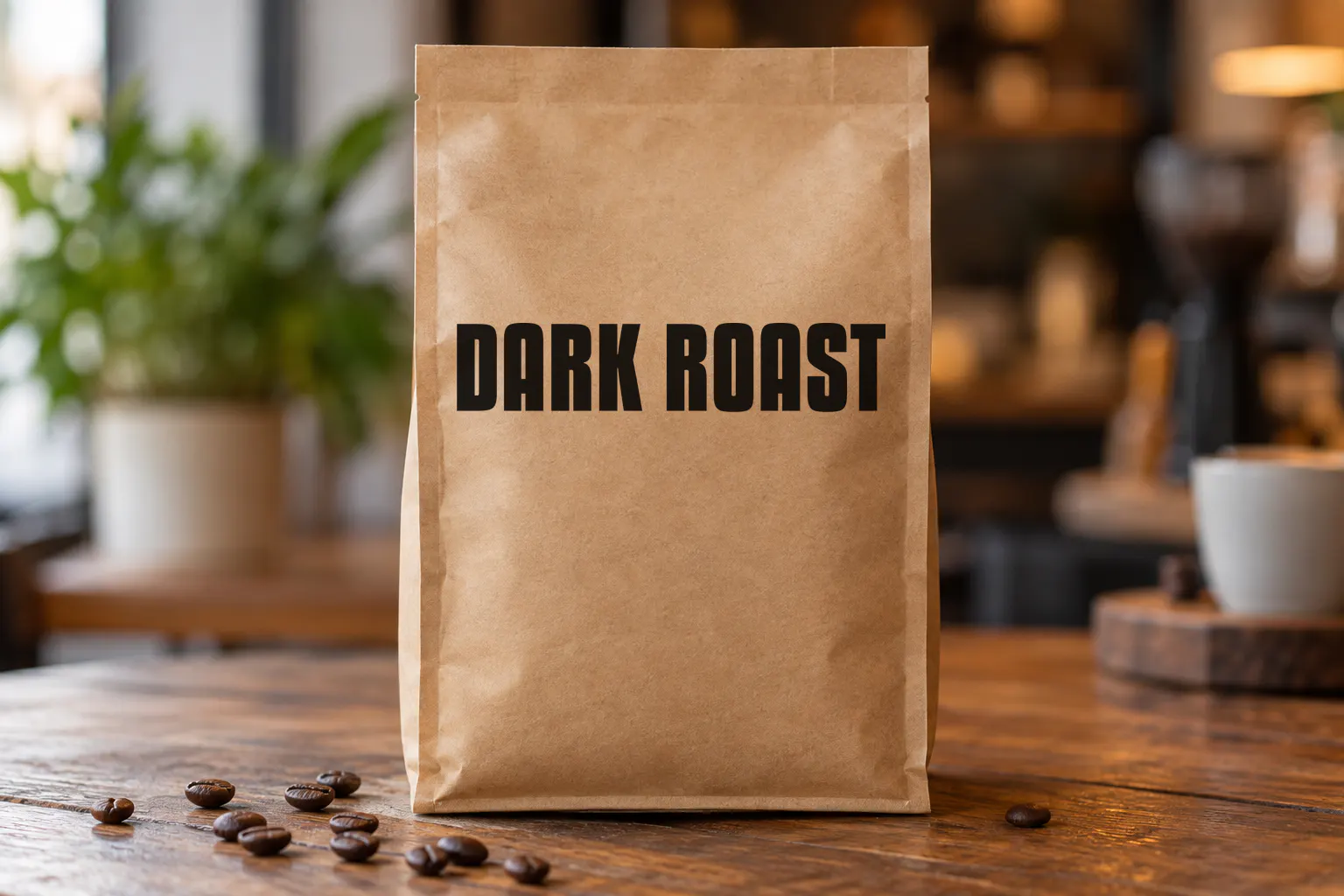 Kenyan Coffee font on a kraft coffee bag reading DARK ROAST