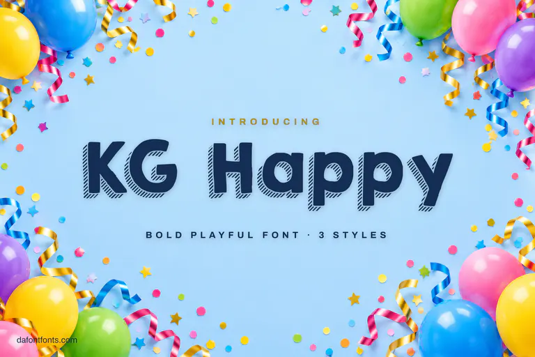KG Happy font poster: navy letters with a striped shadow on sky blue with balloons