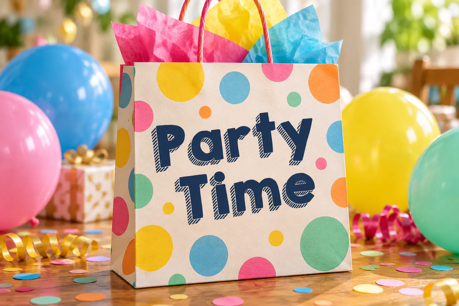 KG Happy font on a party gift bag reading Party Time