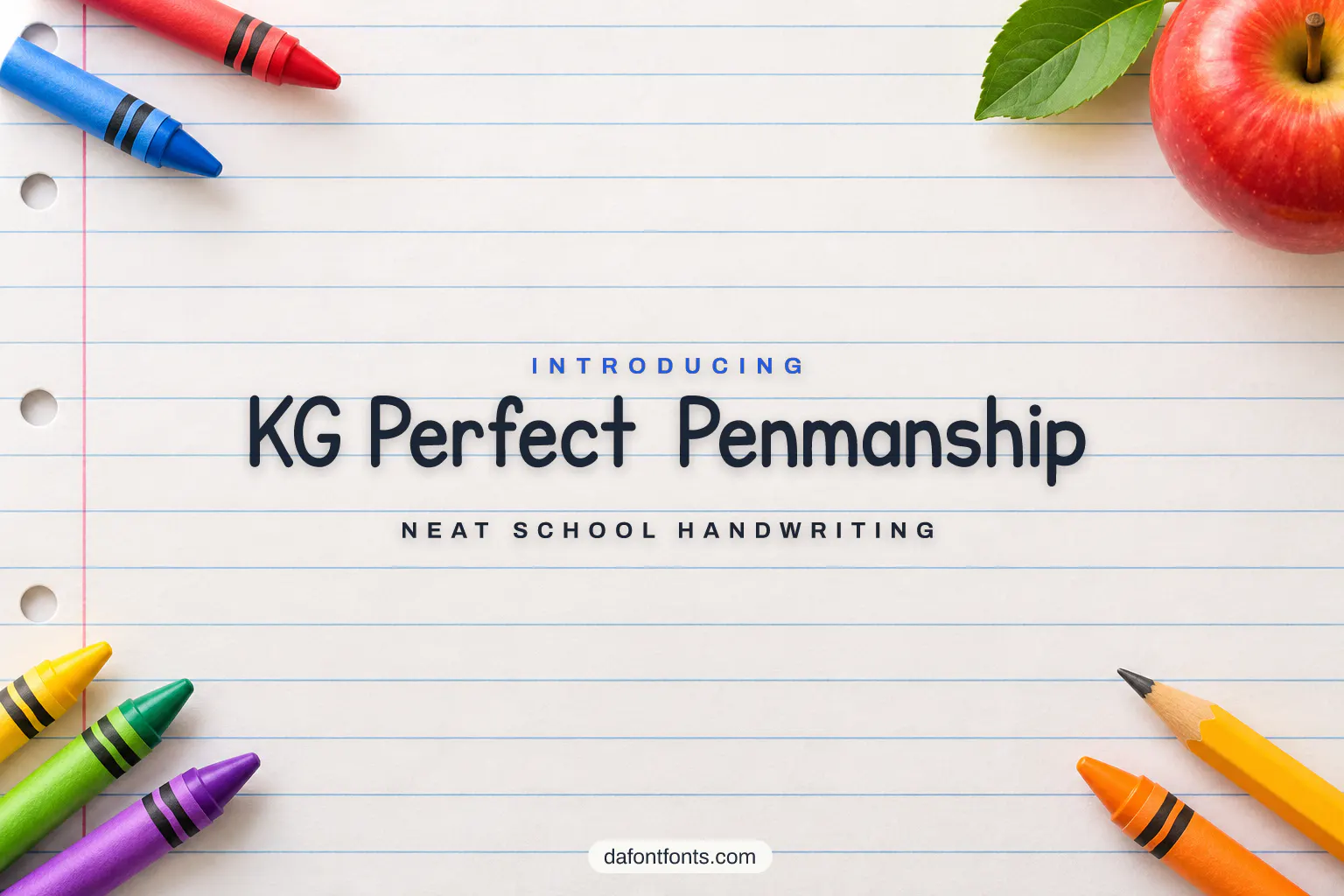 KG Perfect Penmanship font poster: black handwriting on lined school paper with crayons