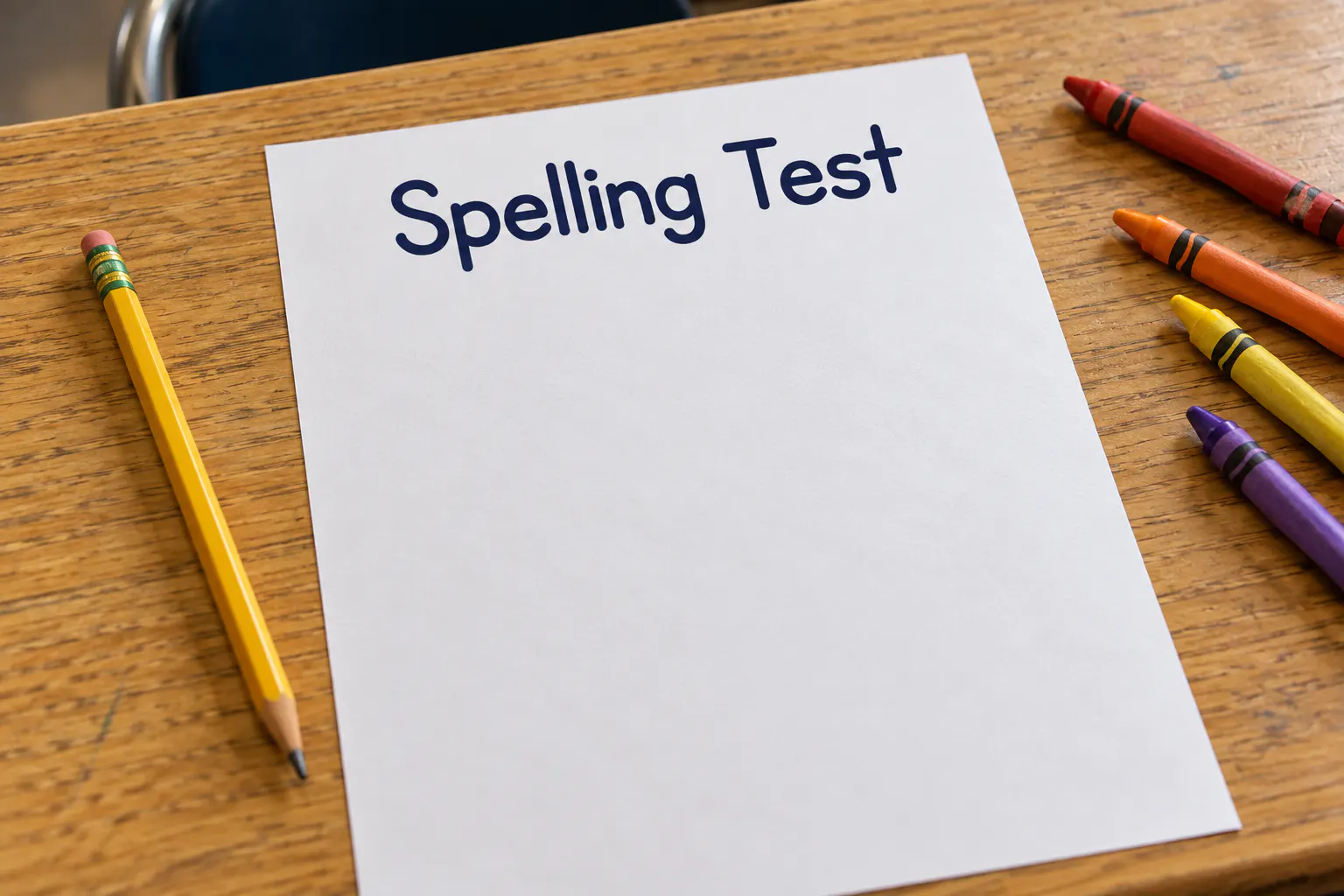 KG Perfect Penmanship font on a classroom worksheet reading Spelling Test