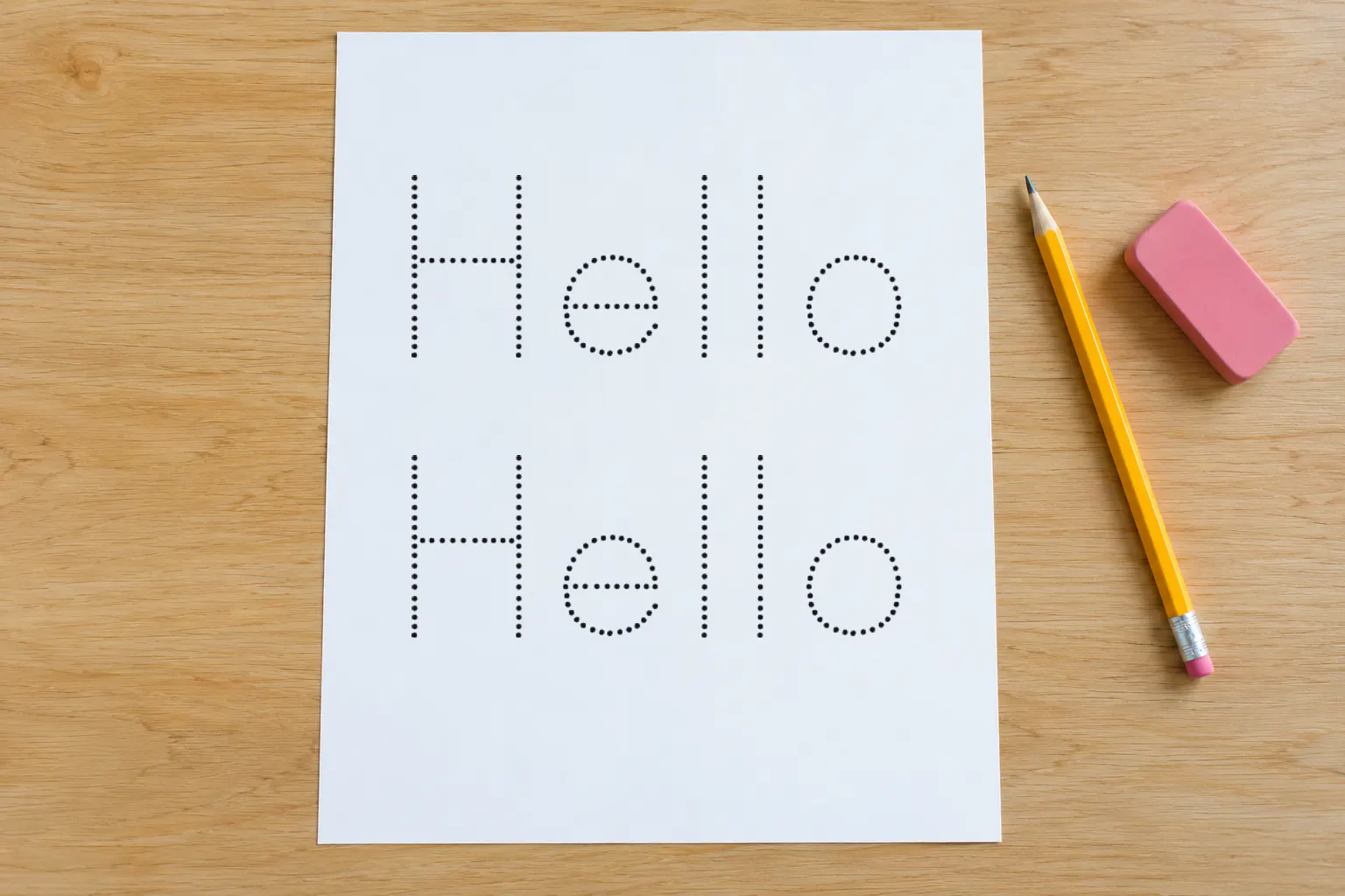 KG Primary Dots font on a worksheet with the dotted word Hello