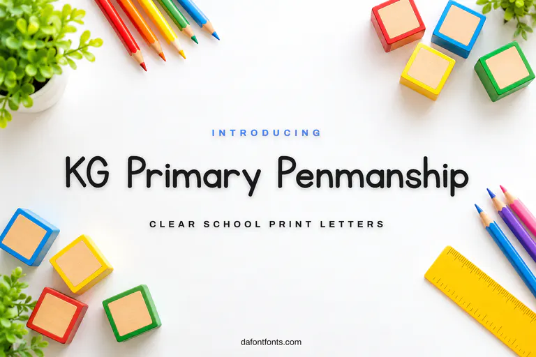 KG Primary Penmanship font poster: clear print letters on a white classroom desk with pencils