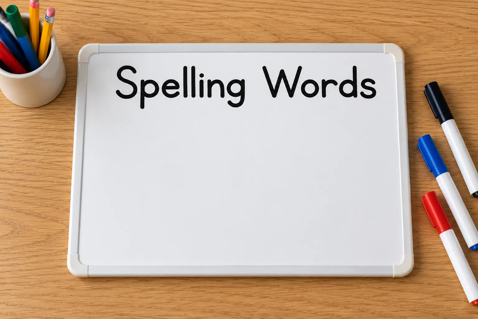 KG Primary Penmanship font on a dry-erase board reading Spelling Words