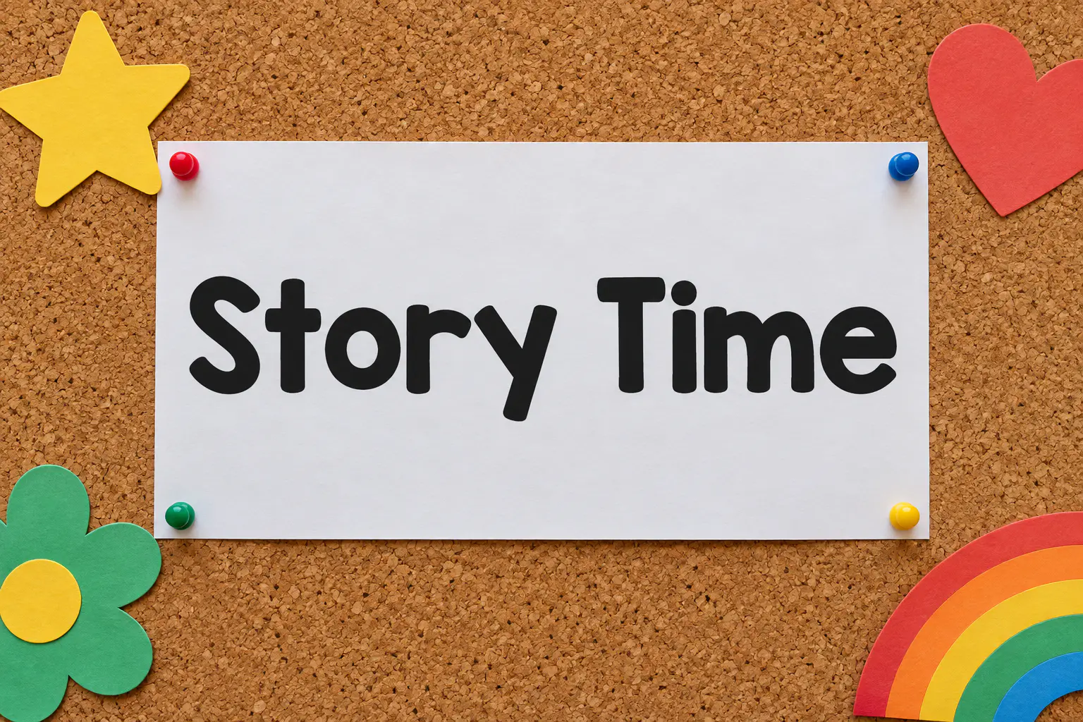 KG Red Hands font on a classroom bulletin board reading Story Time