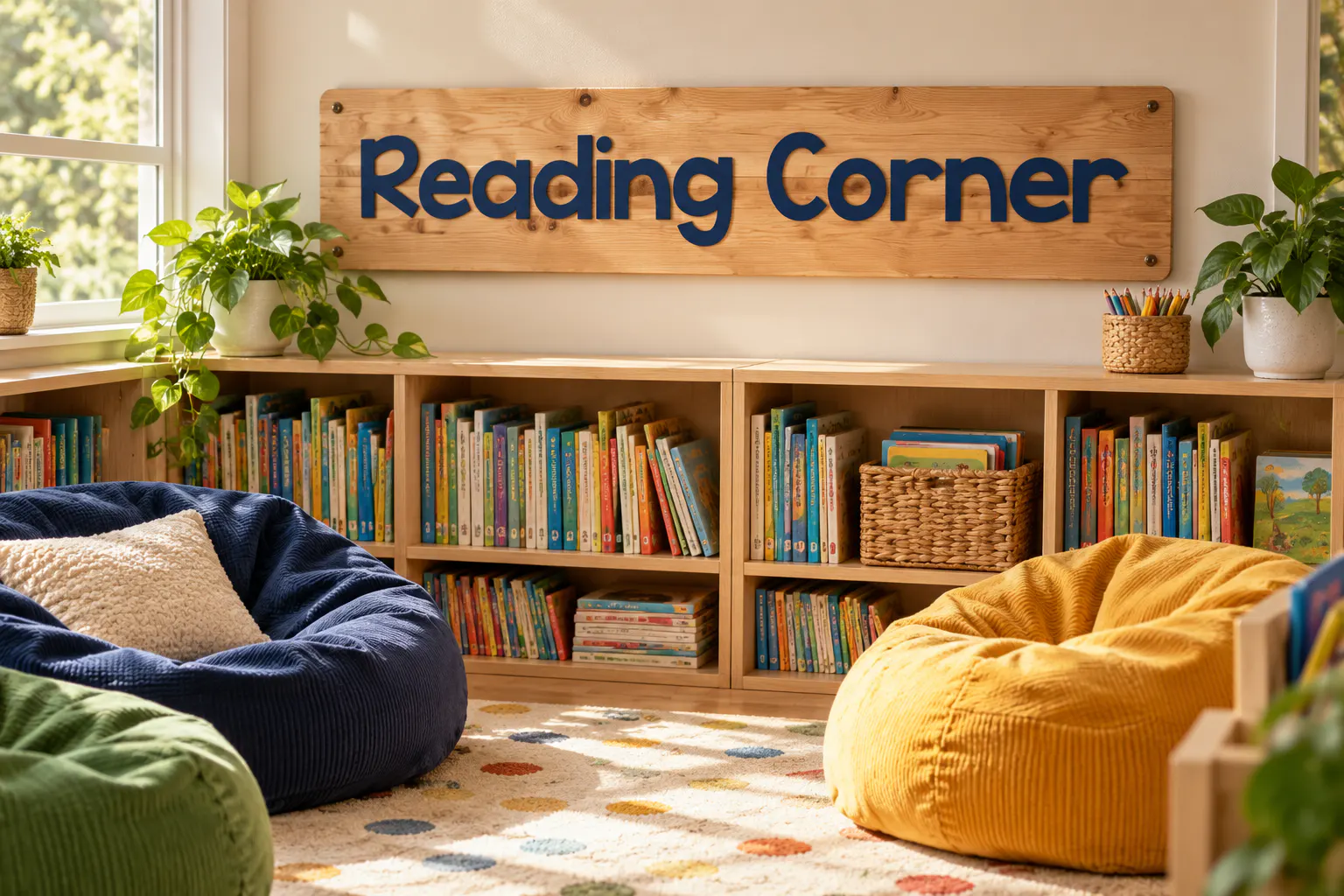 KG What the Teacher Wants font on a classroom sign reading Reading Corner