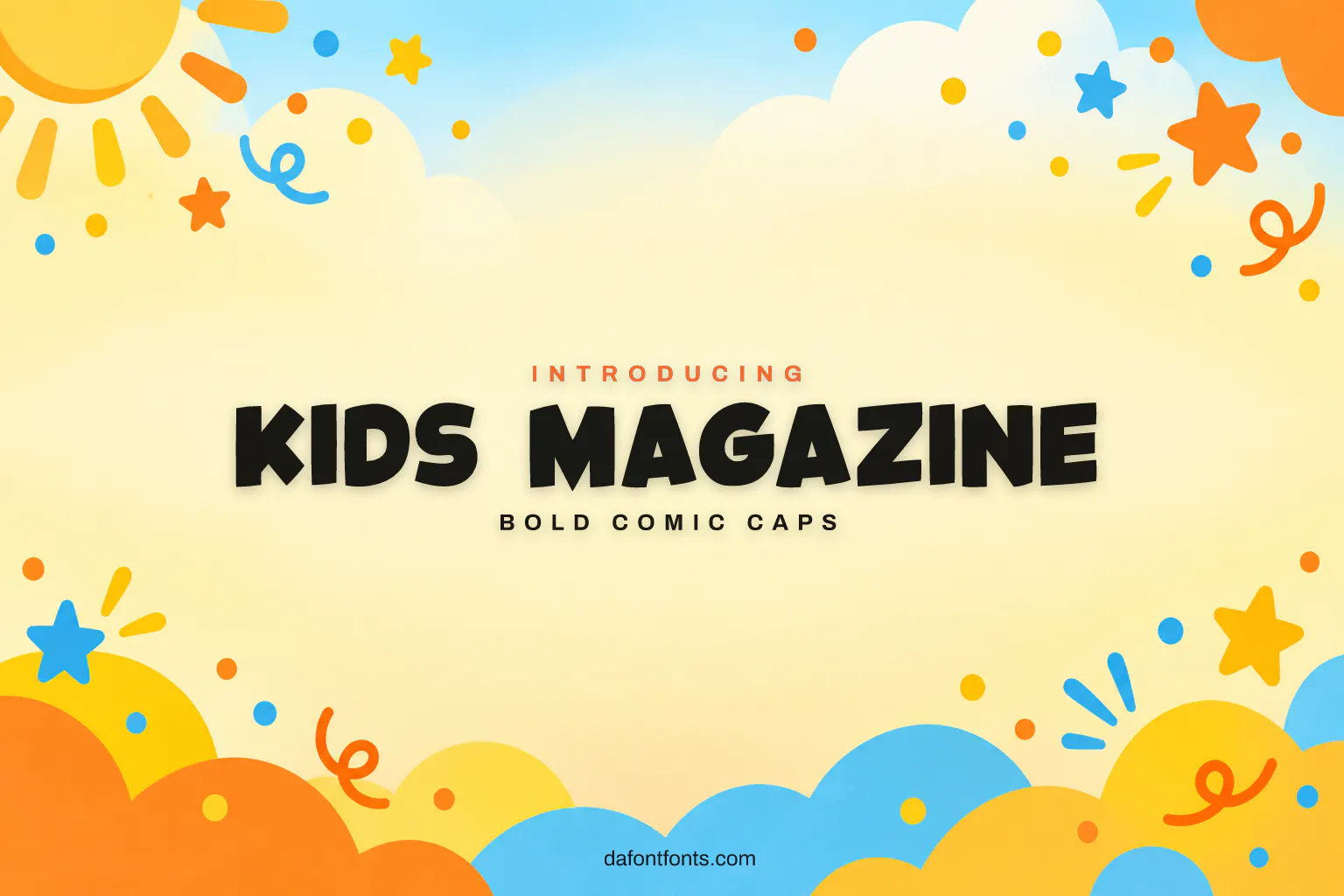 Kids Magazine font poster: black comic caps on a bright orange, yellow and blue background with confetti