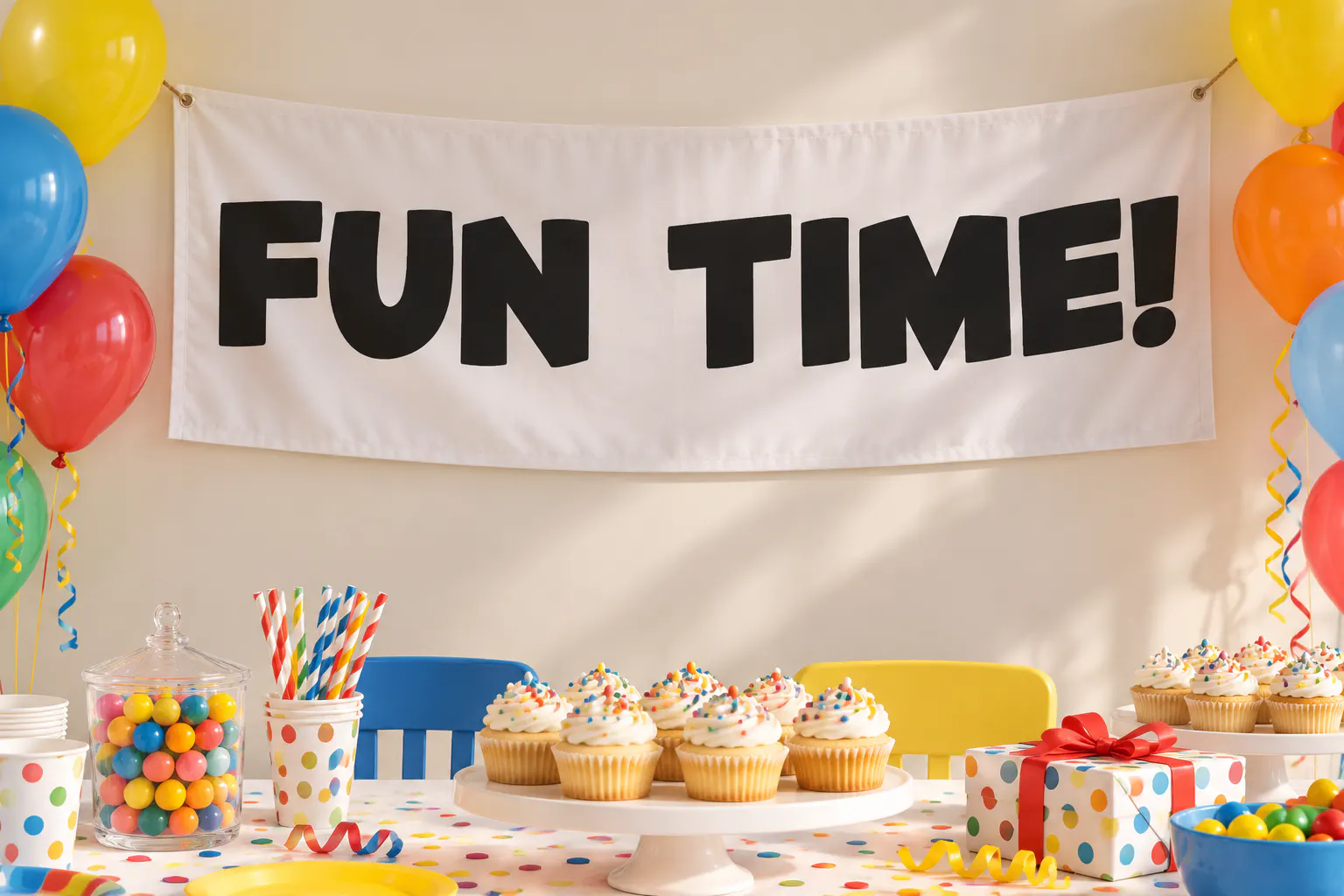 Kids Magazine font on a party banner reading FUN TIME!