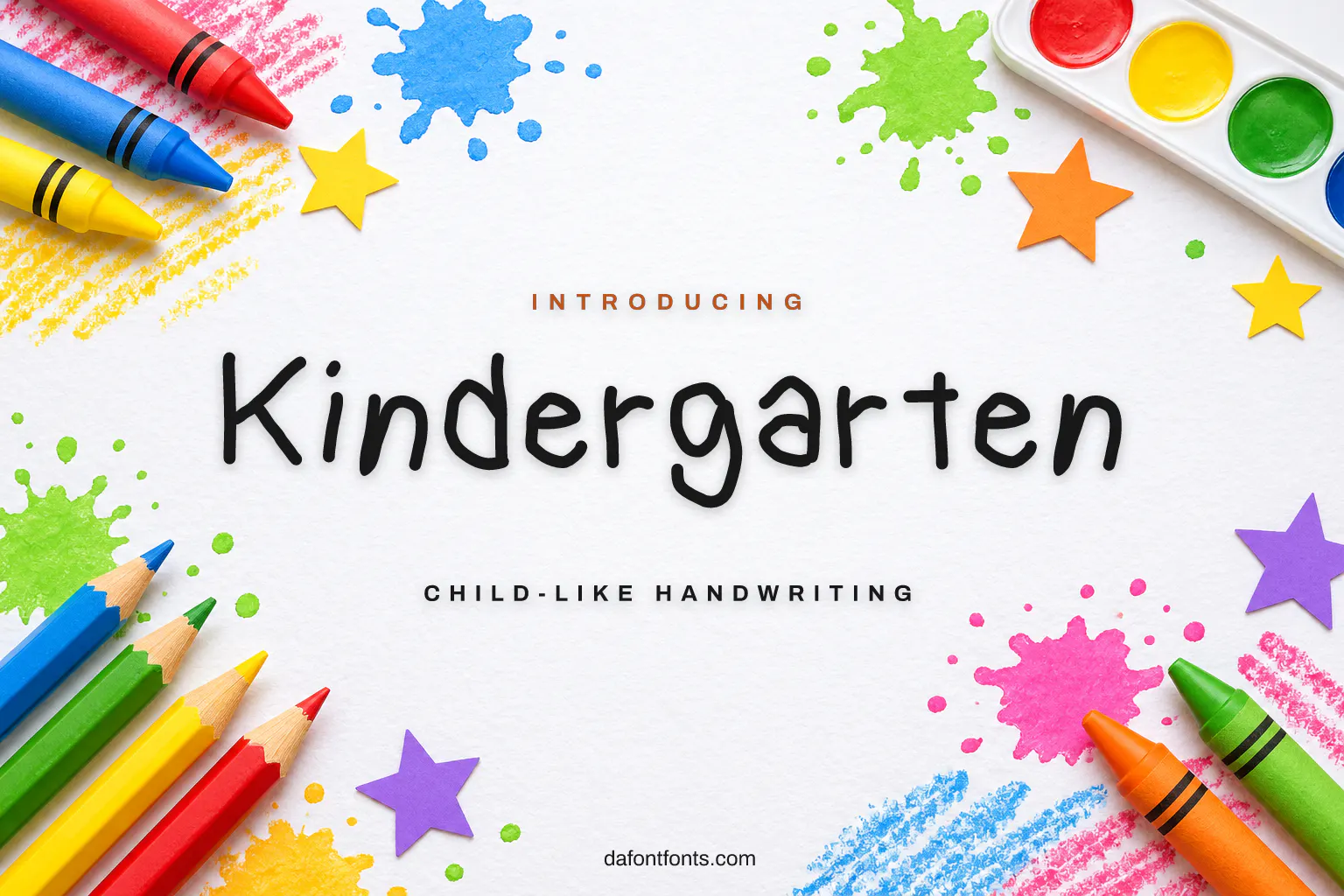 Kindergarten font poster: child-like letters with crayons and paint splotches