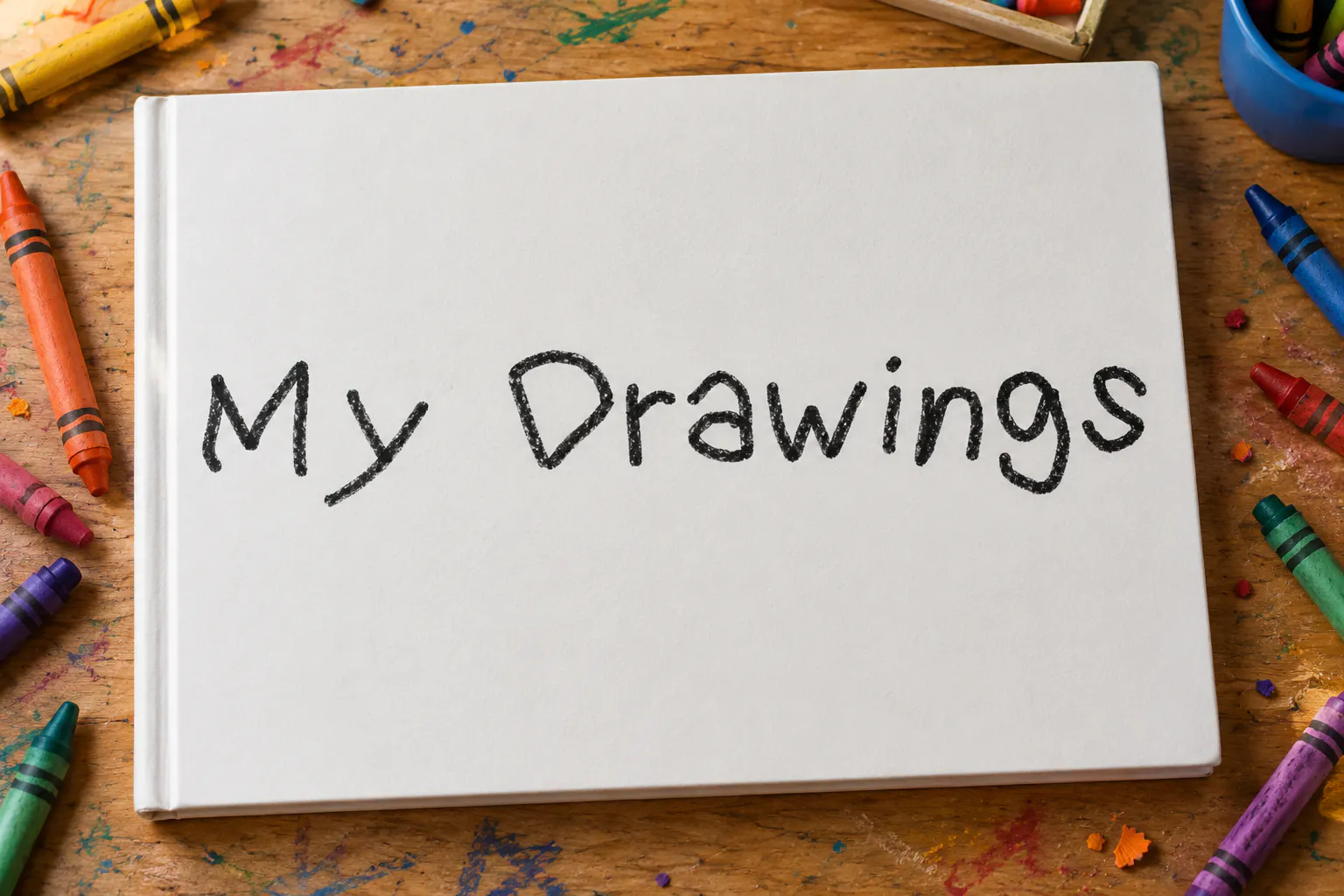 Kindergarten font on a sketchbook reading My Drawings