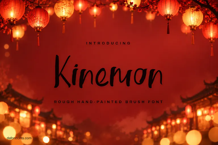 Kinemon font poster: black brush letters on warm red with paper lanterns