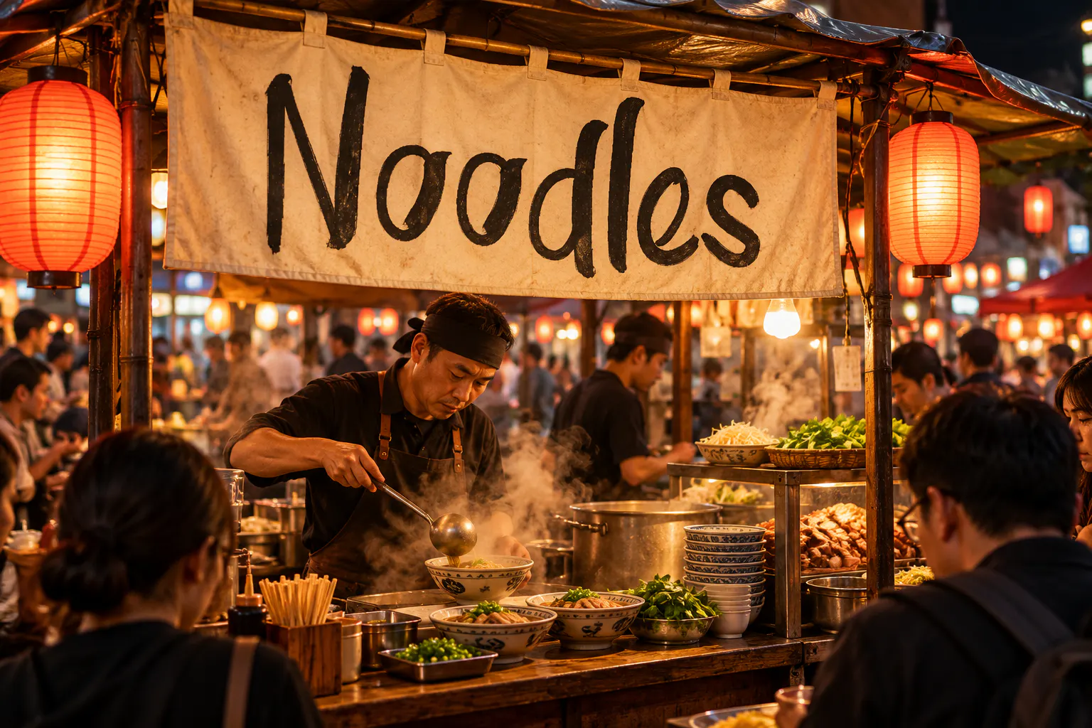 Kinemon font on a night market food stall banner reading Noodles