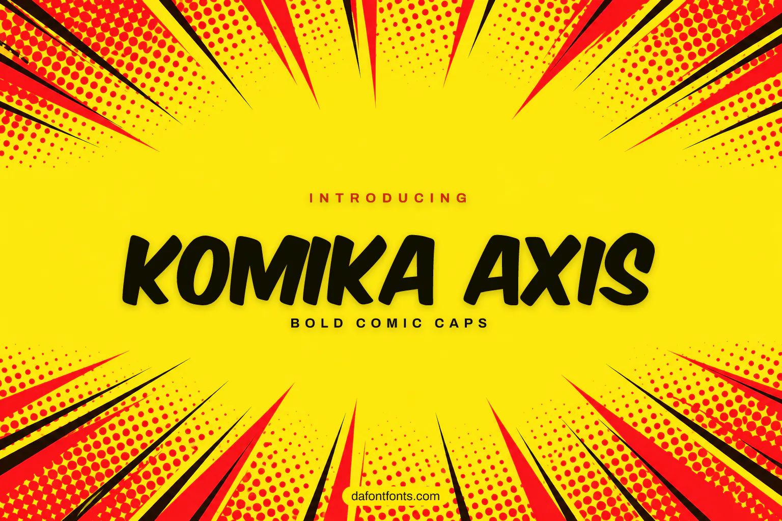 Komika Axis font poster: black comic caps on a yellow halftone pop-art background