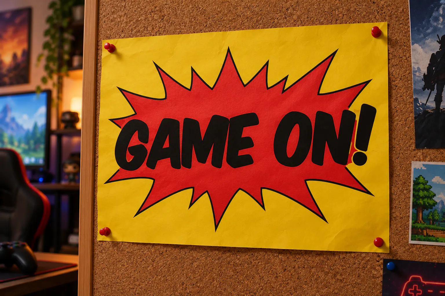 Komika Axis font on a yellow gaming poster reading GAME ON!