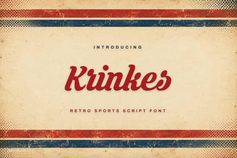 Krinkes font poster: red retro script on aged cream paper with racing stripes