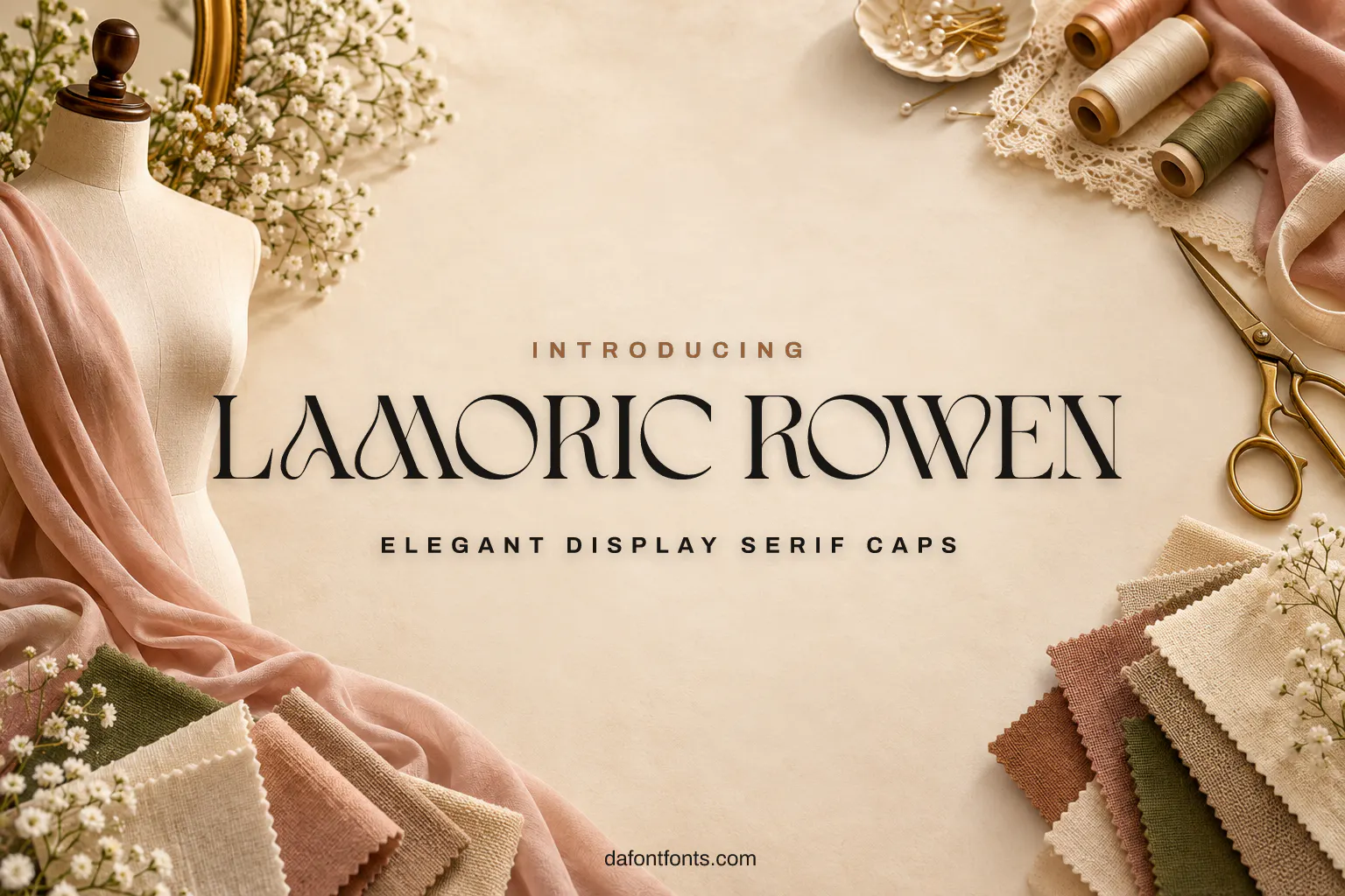 Lamoric Rowen font poster: elegant serif caps with fabric swatches and thread spools