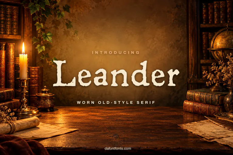 Leander font poster: cream worn serif on a candlelit old library background