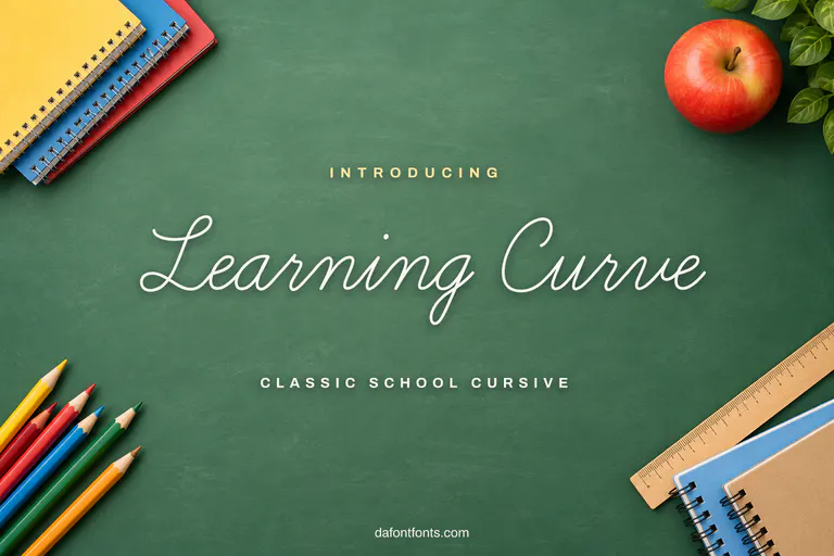 Learning Curve font poster: black cursive on a school supplies background