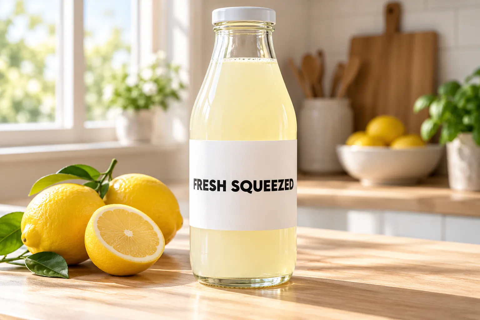 Lemon Milk font on a glass milk bottle label reading FRESH SQUEEZED