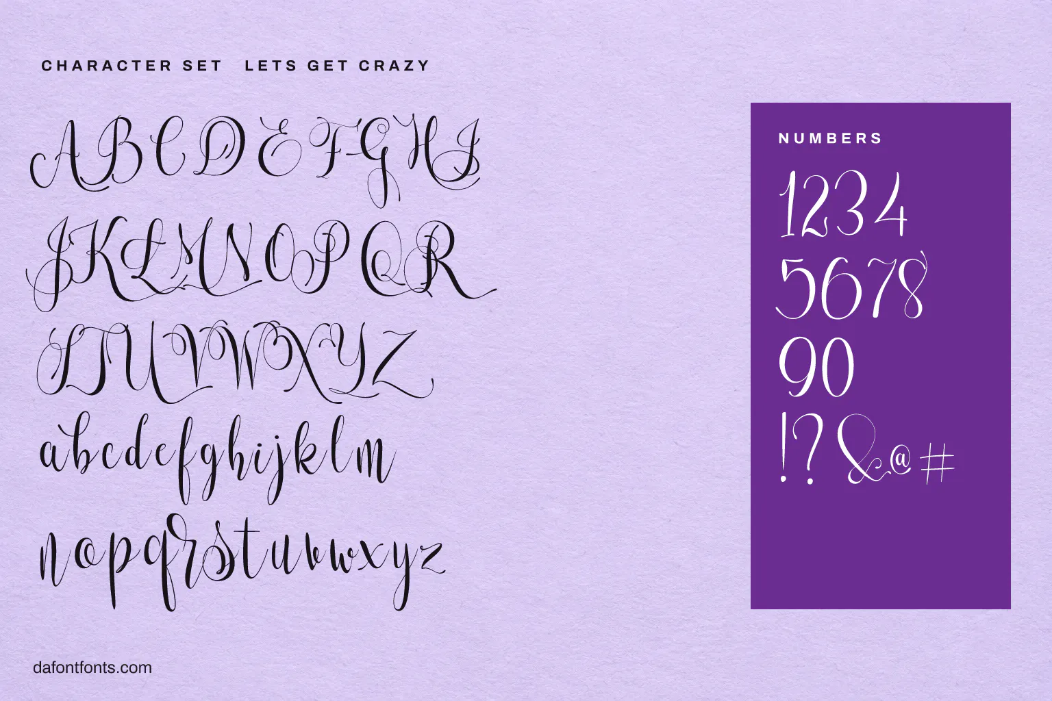 Lets Get Crazy character set: alphabet, numbers and symbols