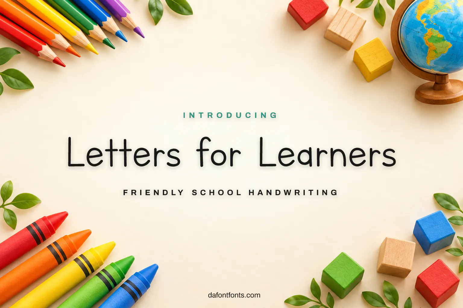 Letters for Learners font poster: school print letters on cream paper with pencils and crayons