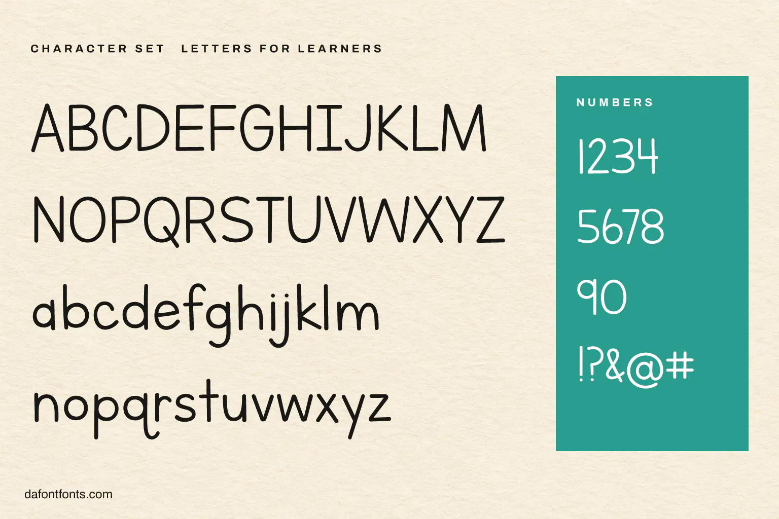 Letters for Learners character set: alphabet, numbers and symbols