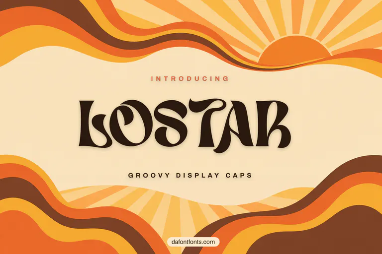 Lostar font poster: dark brown groovy caps on a 1970s wavy stripe background