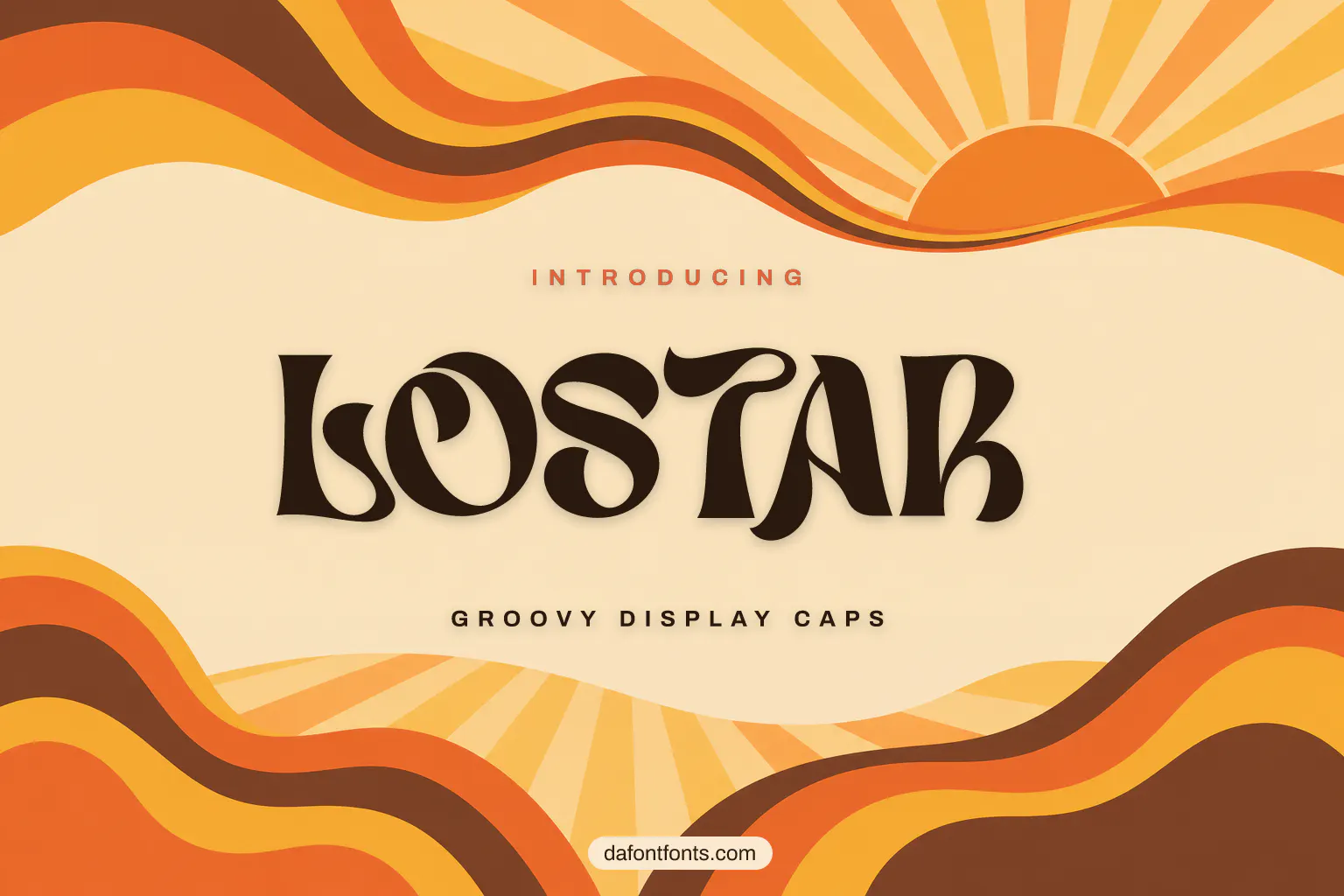 Lostar font poster: dark brown groovy caps on a 1970s wavy stripe background
