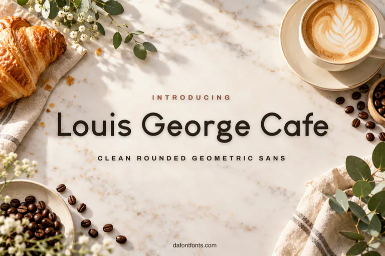 Louis George Cafe font poster: dark brown sans letters on a cozy cafe background