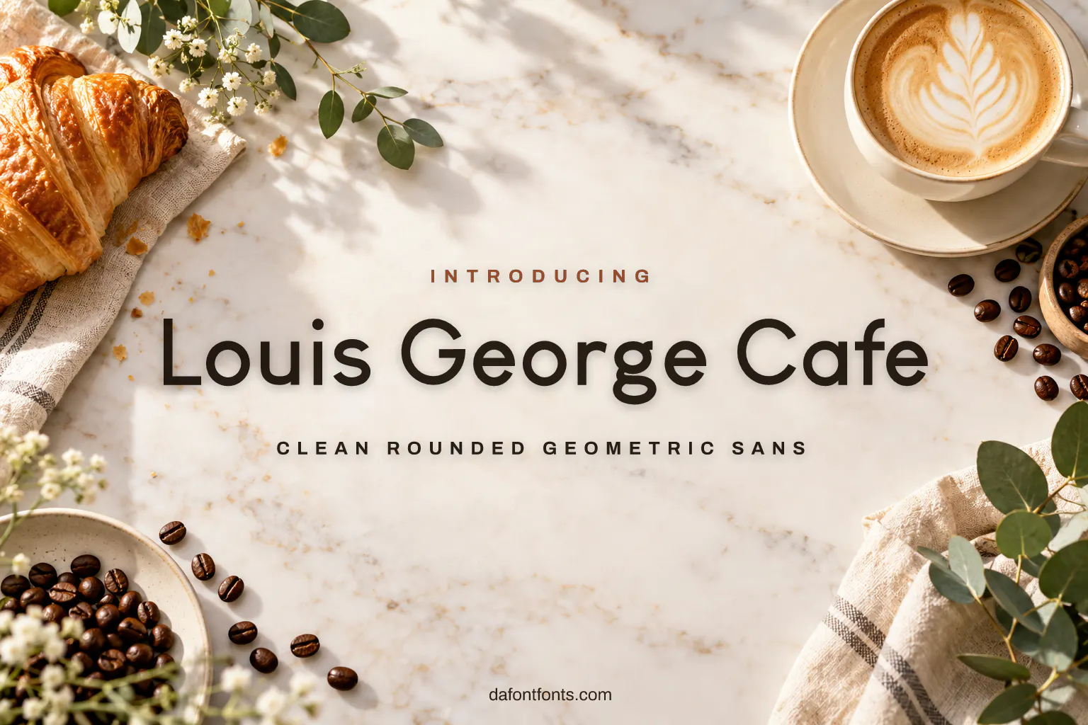 Louis George Cafe font poster: dark brown sans letters on a cozy cafe background
