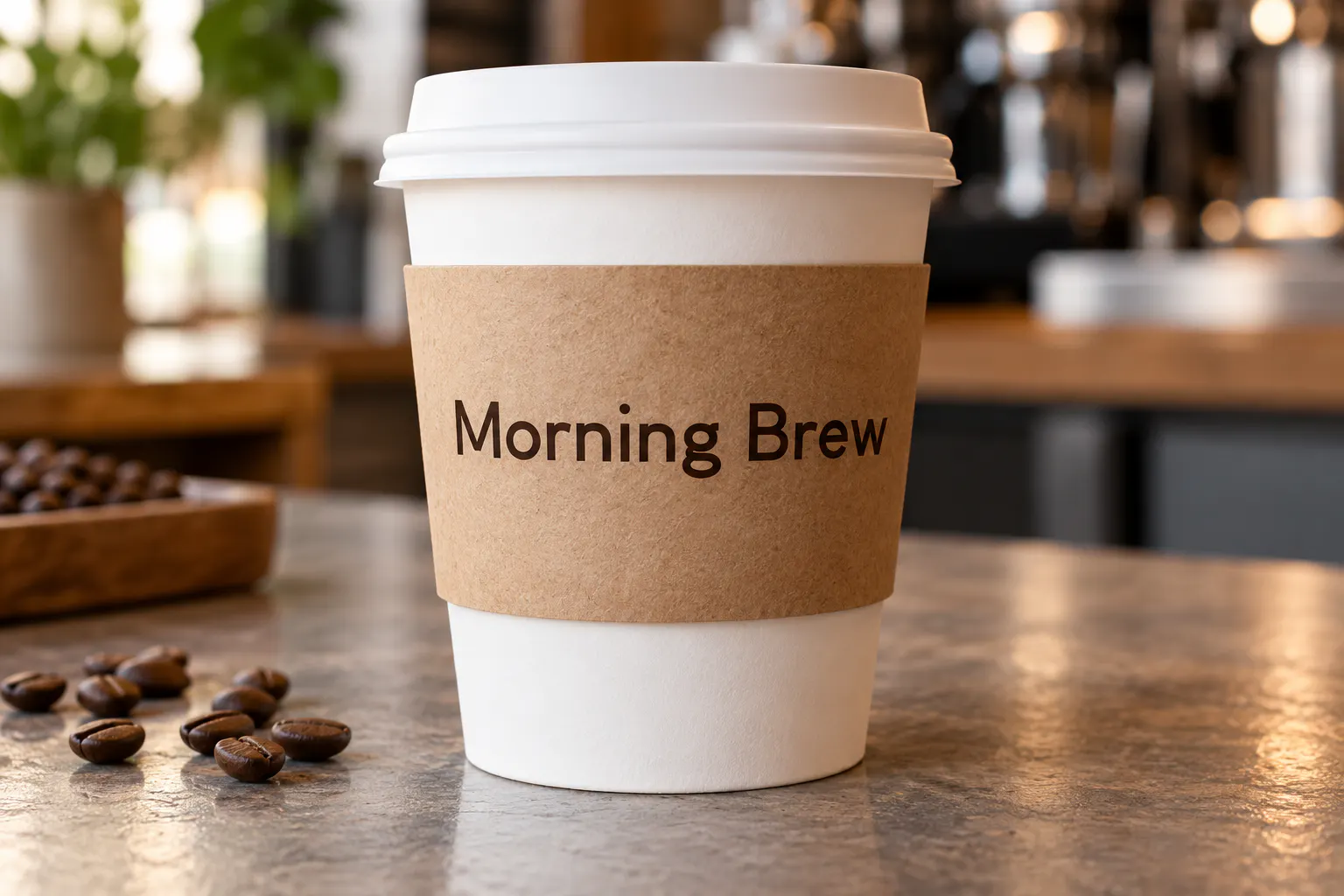 Louis George Cafe font on a coffee cup sleeve reading Morning Brew