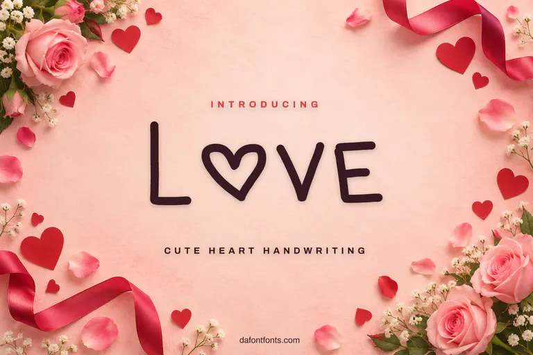 Love font poster: heart handwriting on blush with paper hearts and roses