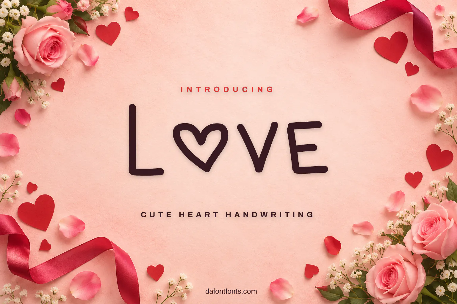 Love font poster: heart handwriting on blush with paper hearts and roses