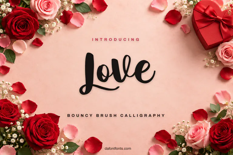 Love font poster: brush calligraphy on blush with red and pink roses
