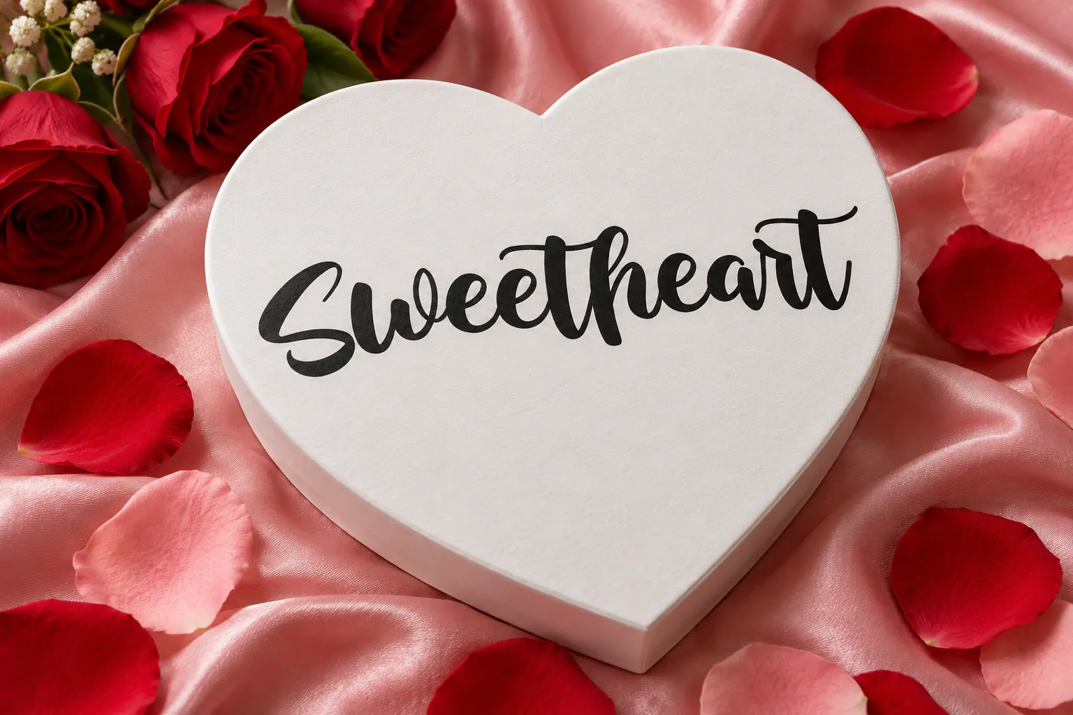 Love font on a heart-shaped box reading Sweetheart