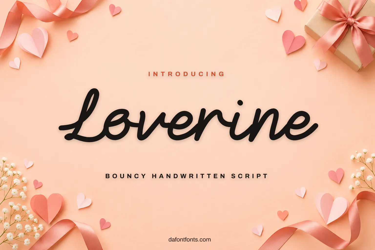 Loverine font poster: black handwriting on a soft peach background with hearts