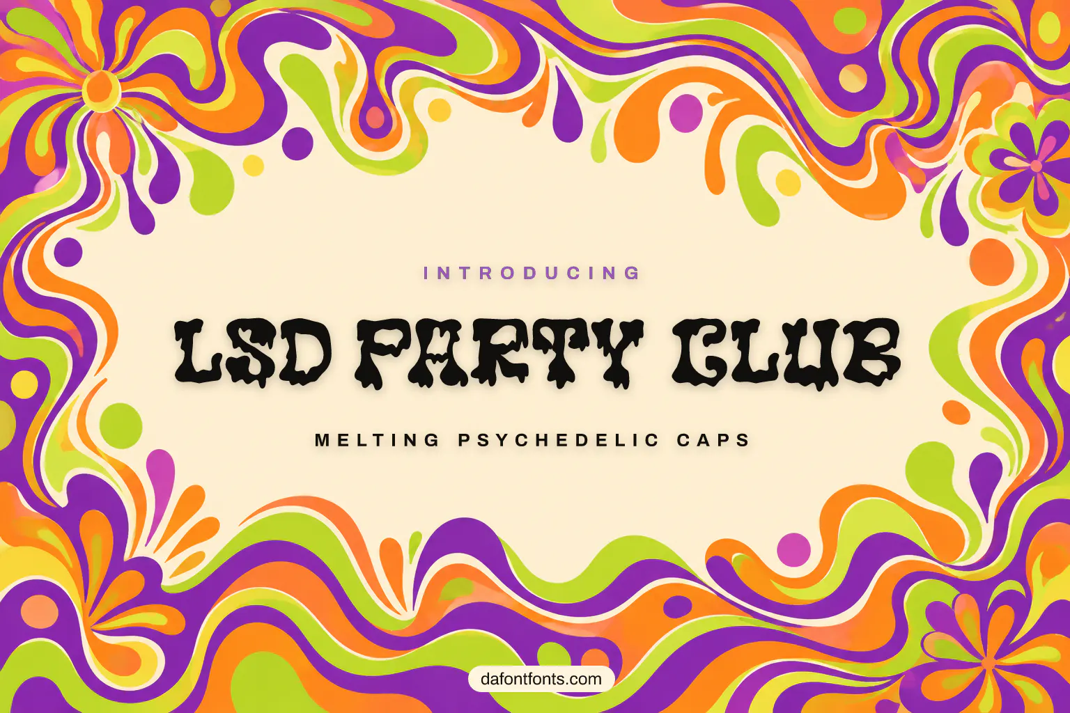 LSD Party Club font poster: black melting caps on a psychedelic purple and orange swirl background