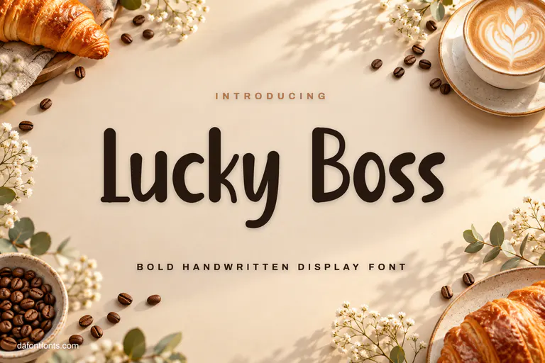 Lucky Boss font poster: dark brown handwritten letters on latte beige with coffee