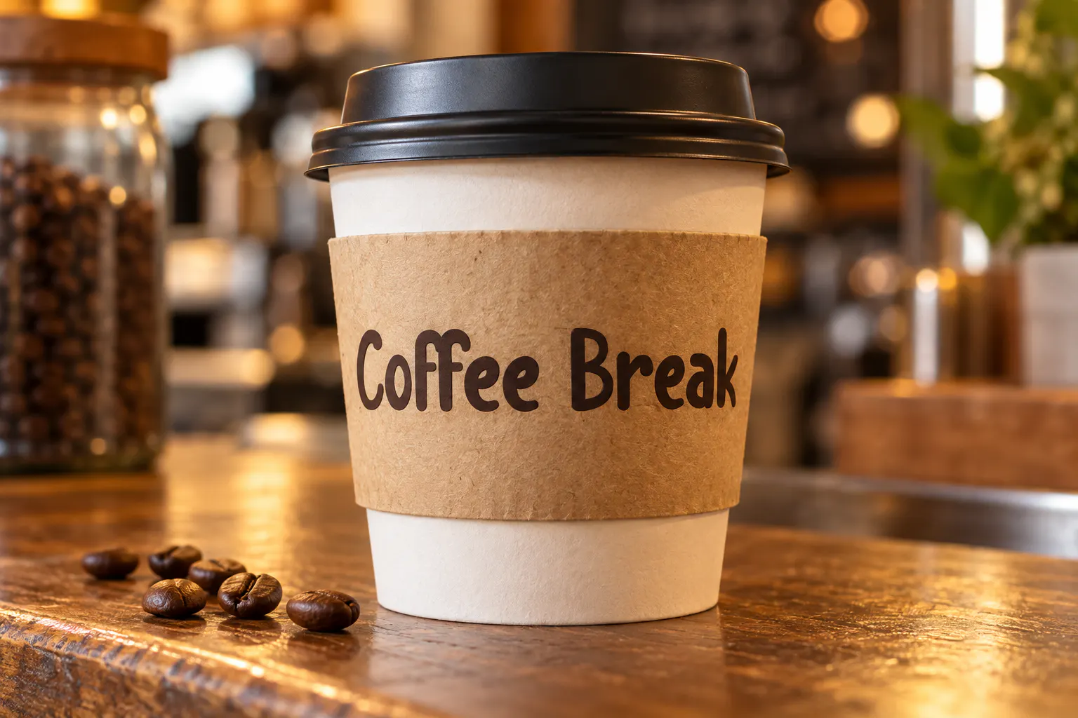 Lucky Boss font on a coffee cup sleeve reading Coffee Break