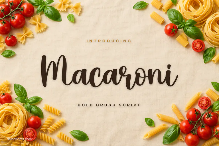 Macaroni font poster: brown brush script on cream linen with pasta and basil