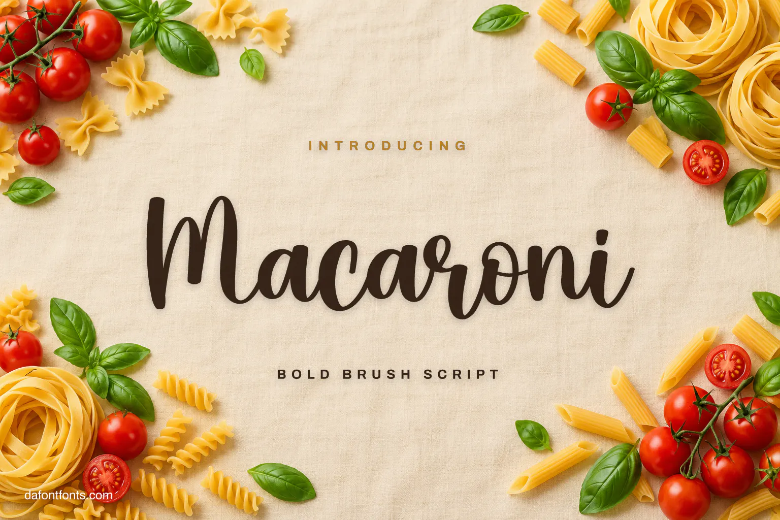Macaroni font poster: brown brush script on cream linen with pasta and basil