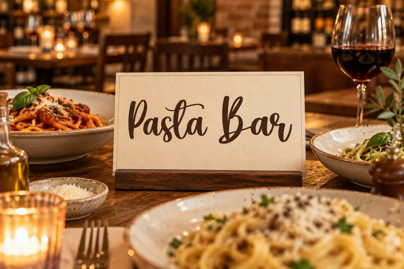Macaroni font on a restaurant menu board reading Pasta Bar