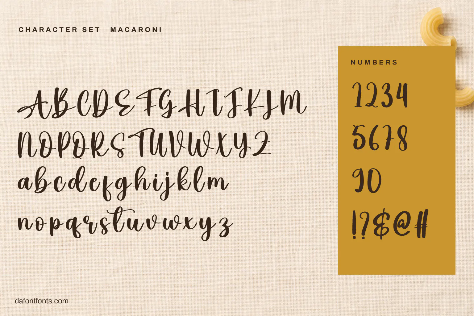 Macaroni character set: alphabet, numbers and symbols