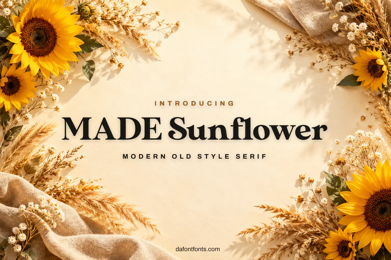 MADE Sunflower font poster: bold serif on cream with sunflowers and dried grasses
