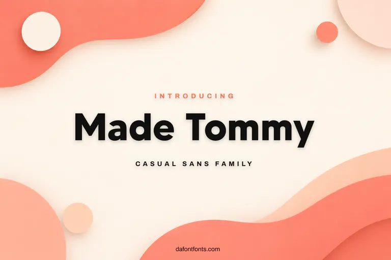 Made Tommy font poster: black bold sans on a coral and cream geometric background