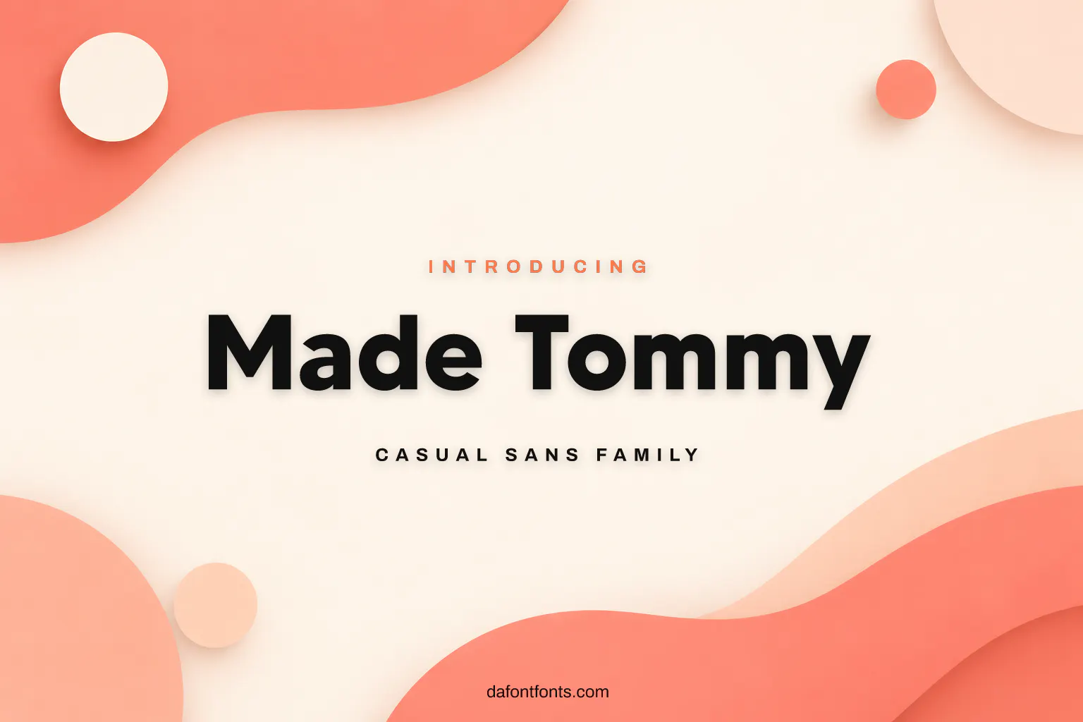 Made Tommy font poster: black bold sans on a coral and cream geometric background