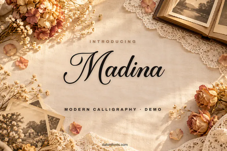 Madina font poster: black calligraphy on a cream linen background with an old photo album