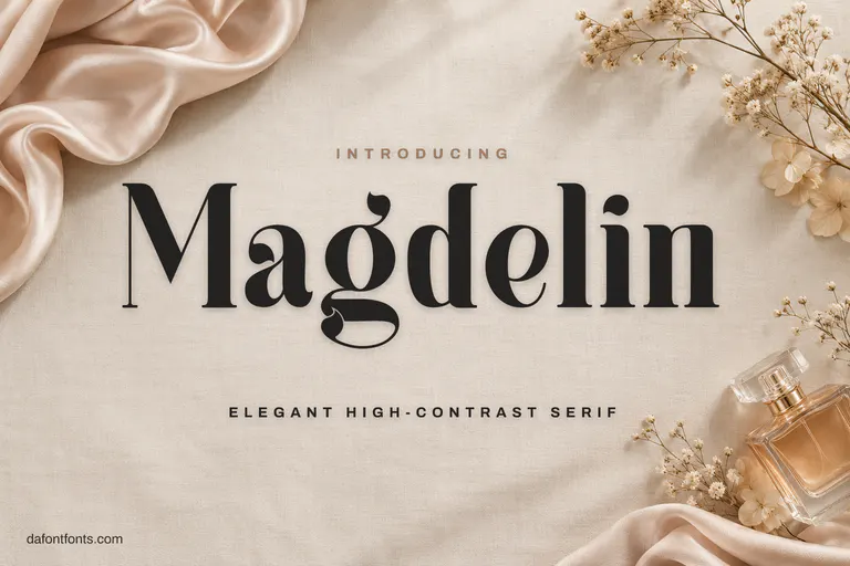 Magdelin font poster: charcoal serif letters on greige linen with a perfume bottle