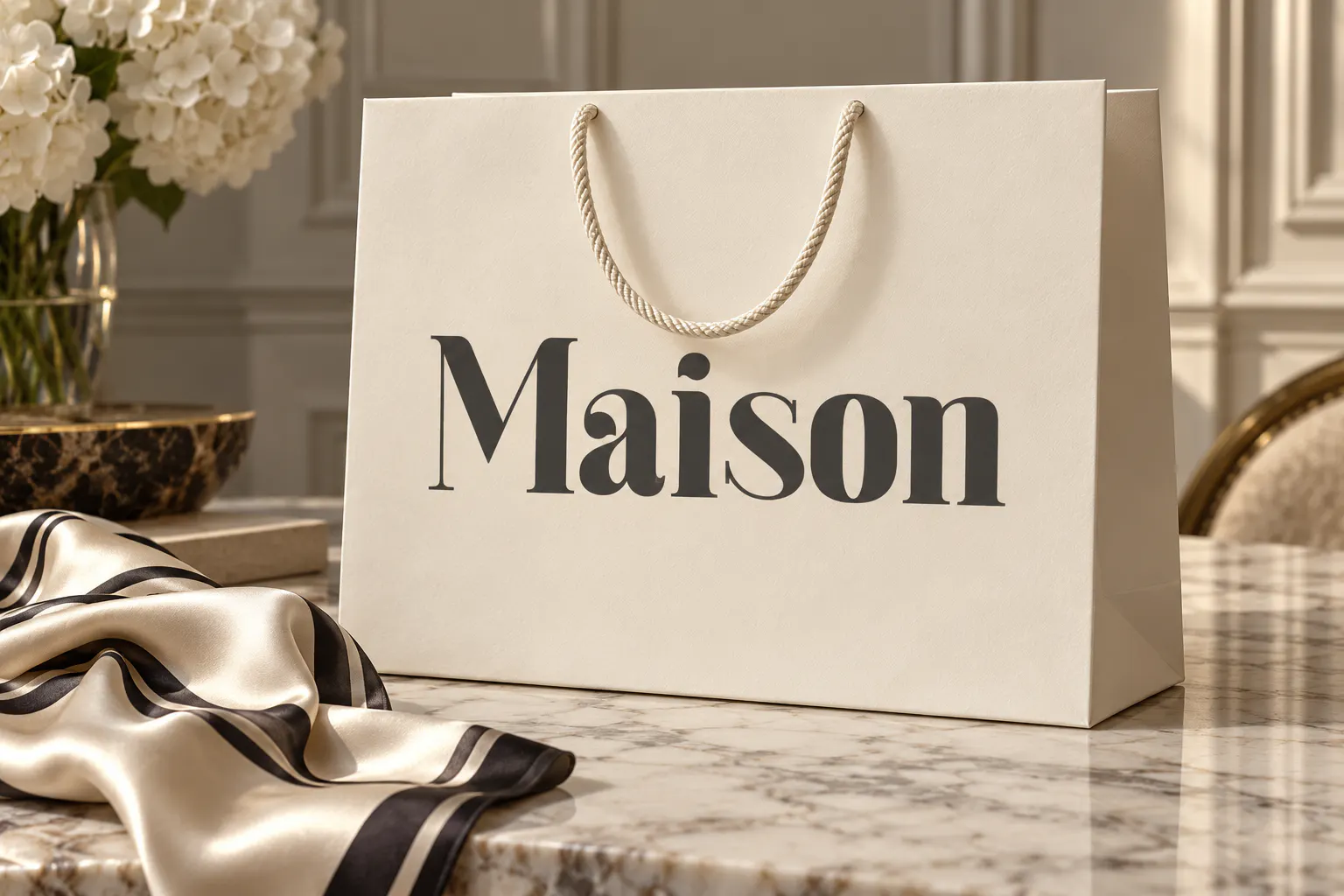 Magdelin font on a luxury shopping bag reading Maison