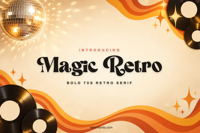 Magic Retro font poster: black retro serif on a groovy disco background